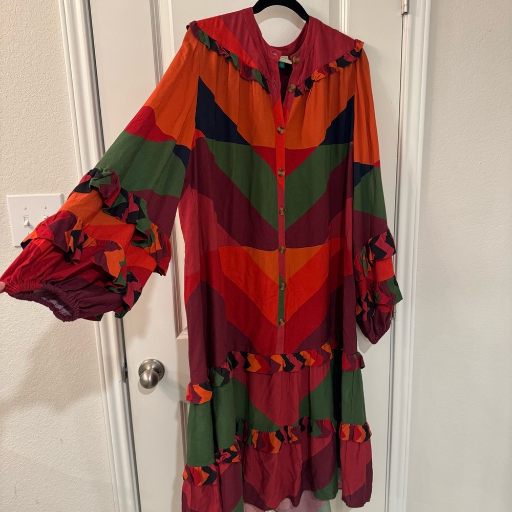 Farm Rio Women’s Large Juliana Stripes Midi Dress Colorful Long Sleeve Dress